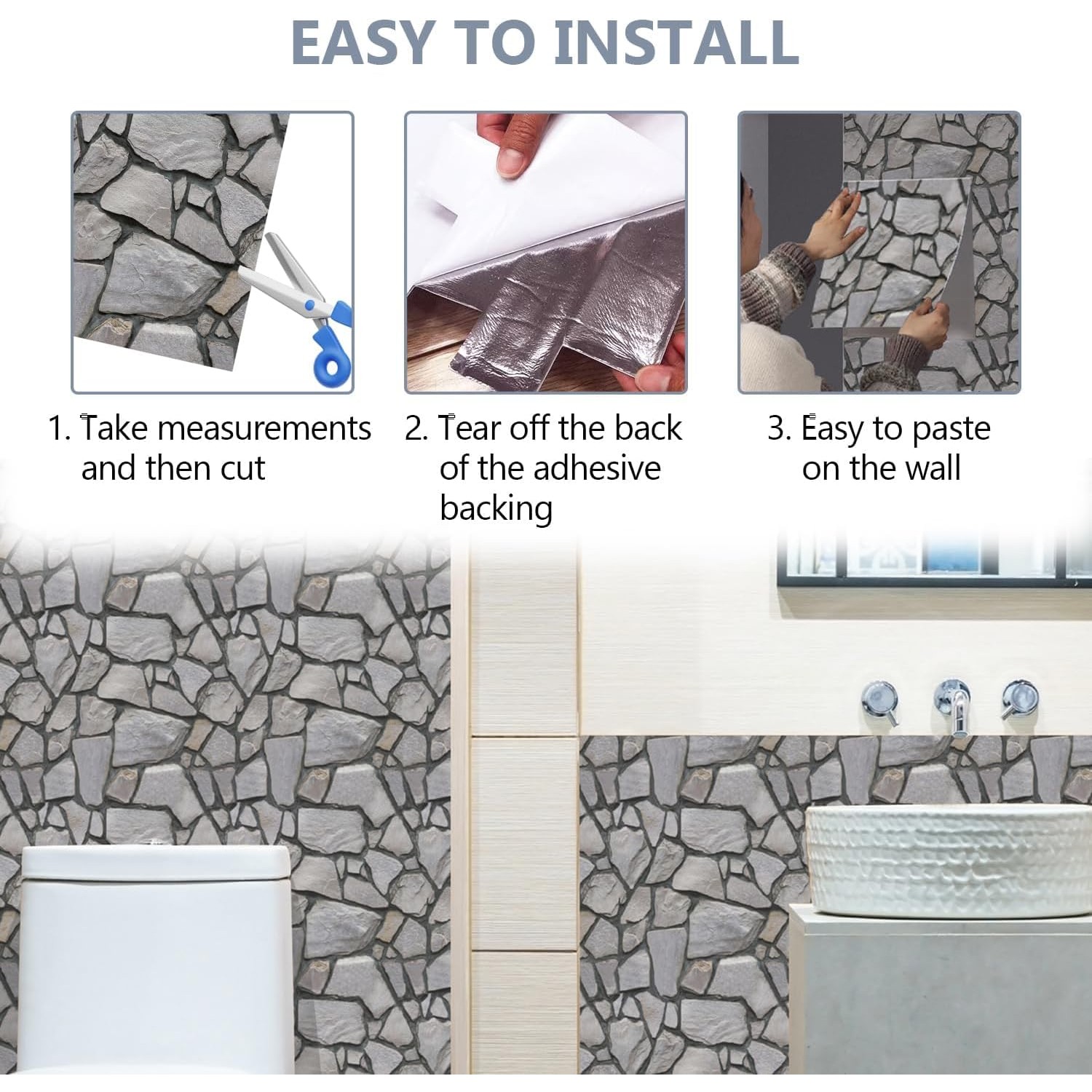 Set 10 x Placi Tapet Autocolant 3D cu Imitatie de Pietre, pentru Perete Bucatarie Sufragerie, Usor de Curatat, Rezistent la Apa, Autoadeziv, 30x30 cm, Gri [5]