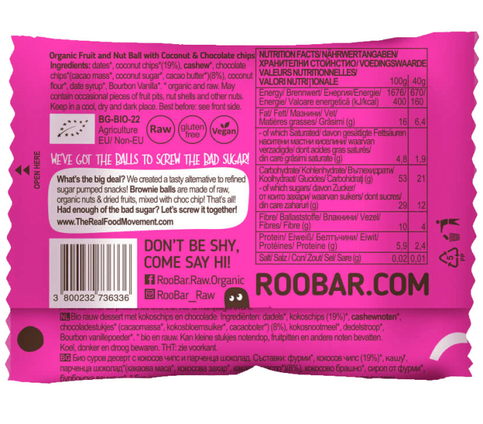 Biluță brownie cu cocos bio 40g Roobar [3]