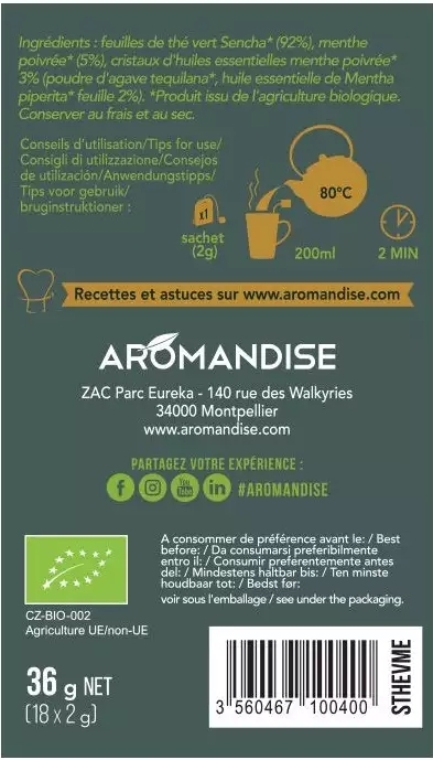 Ceai verde sencha cu mentă bio 18 dz x 2 g 36 g Aromandise [6]