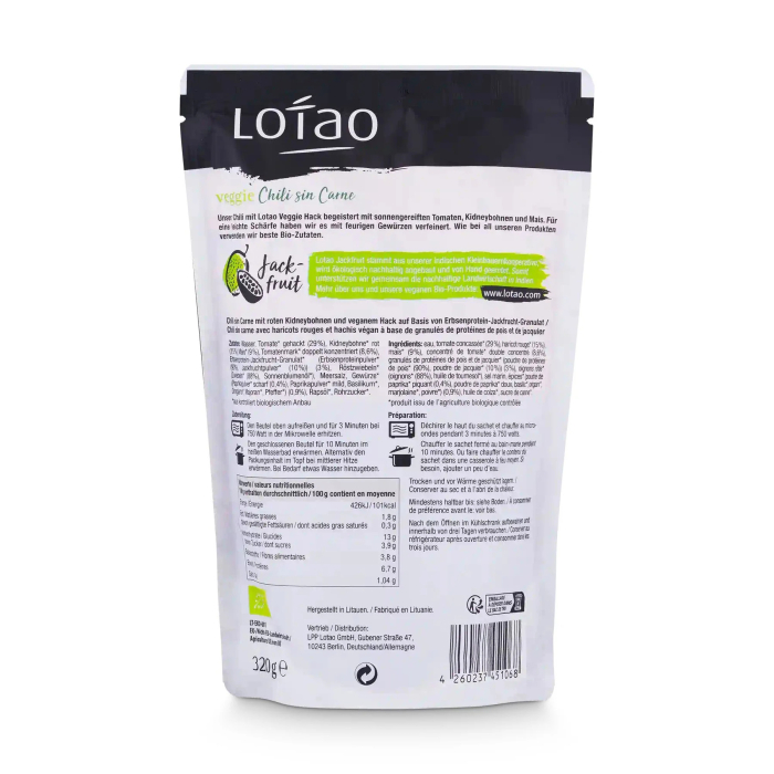Chili sin carne vegan cu fasole roșie și legume bio 320g Lotao [3]