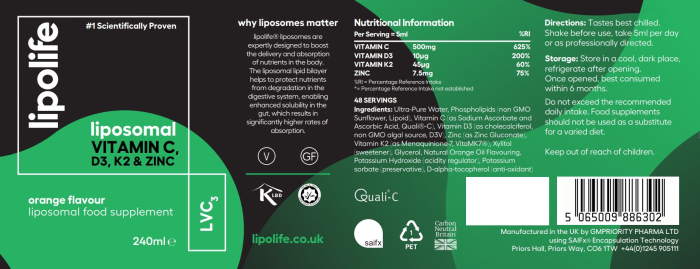 LVC3 - Vitamina C, D3, K2 plus Zinc lipozomală 240 ml Lipolife [2]