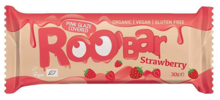 Batoane și Bile Energizante - Baton cu căpșuni învelit în glazură roz bio 30g Roobar