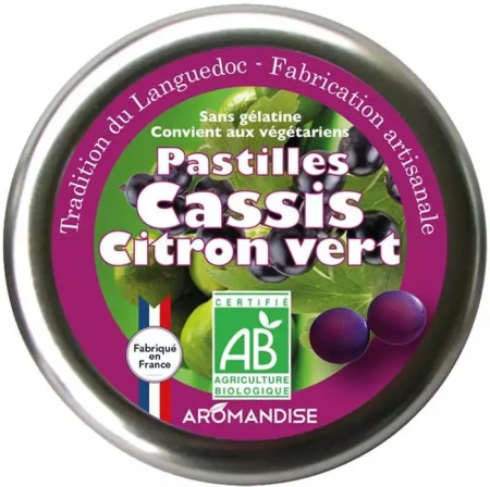 Dropsuri, Bomboane și Gumă de Mestecat - Bomboane artizanale cu lime și coacăze negre bio 45g Aromandise