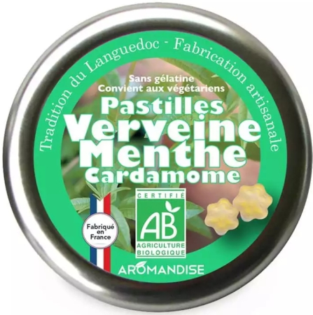 Dropsuri, Bomboane și Gumă de Mestecat - Bomboane artizanale cu verbină, mentă și cardamom bio 45g Aromandise