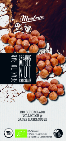 Gustări & Mic Dejun - Ciocolată cu lapte și alune de pădure bio 100g Meybona