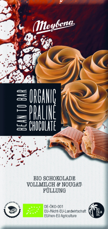 Gustări & Mic Dejun - Ciocolată cu lapte și cremă de praline bio 100g Meybona