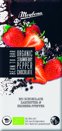 Gustări & Mic Dejun - Ciocolată neagră cu căpșuni și piper negru bio 100g Meybona