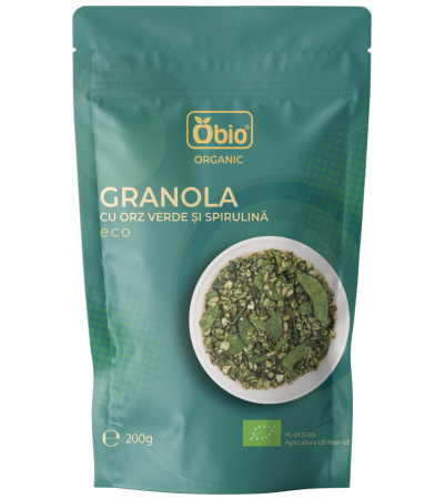 Gustări & Mic Dejun - Granola cu orz verde și spirulină bio 200g Obio