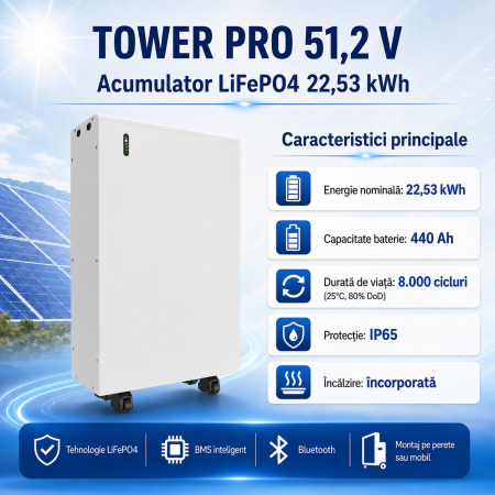 BATERII LOW VOLTAGE - Acumulator LiFePO4 Tower Pro 22,5 kWh, 51,2 V, 440 Ah, IP65, cu încălzire și Bluetooth