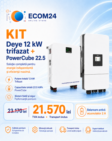 KIT SISTEM FOTOVOLTAIC - Kit sistem fotovoltaic hibrid trifazat Deye 12 kW + baterie PowerCube 22,5 kWh LiFePO4