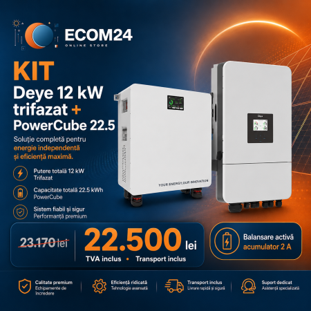 KIT SISTEM FOTOVOLTAIC - Kit sistem fotovoltaic hibrid trifazat Deye 12 kW + baterie PowerCube 22,5 kWh LiFePO4