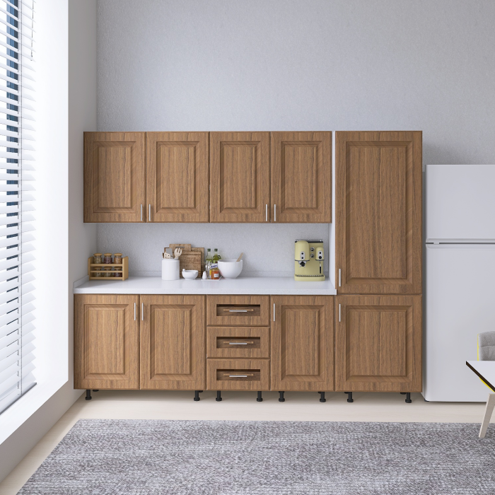 Bucatarie Torino 220 cm, Culoare Nuc, MDF 18mm, Blat Termorezistent 2,8 cm Grosime [1]