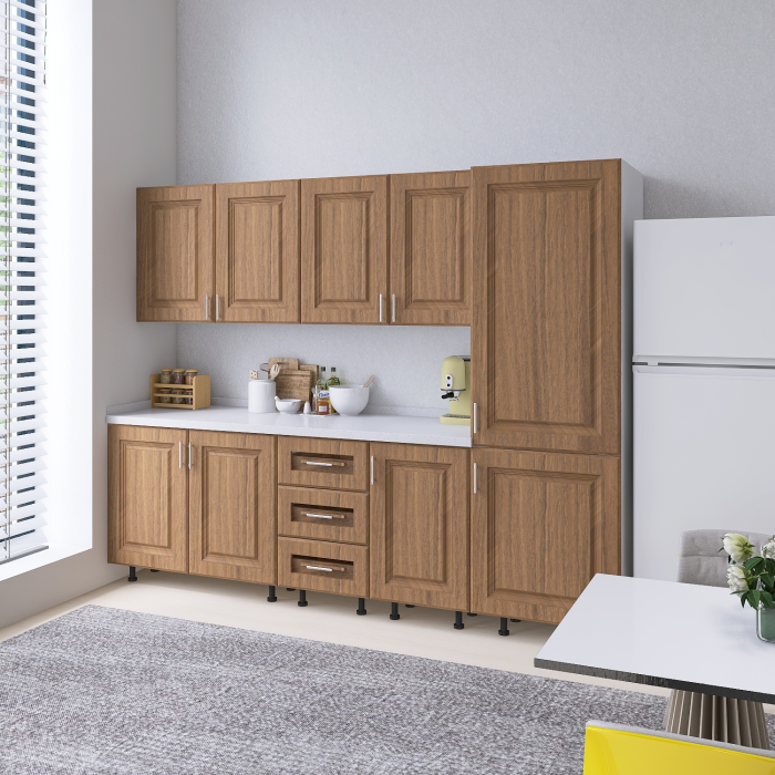 Bucatarie Torino 220 cm, Culoare Nuc, MDF 18mm, Blat Termorezistent 2,8 cm Grosime [2]