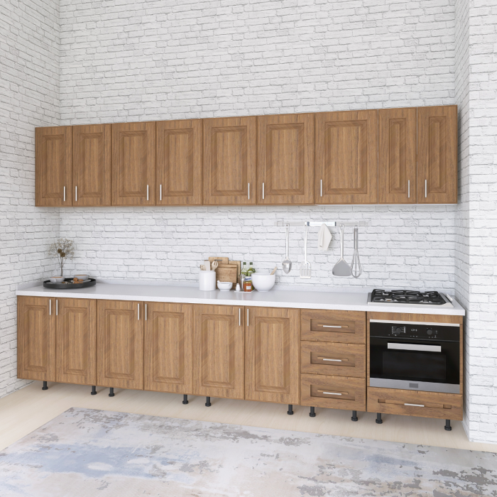 Bucatarie Torino 300 cm, Culoare Nuc, MDF 18mm, Blat Termorezistent 2,8 cm Grosime [3]