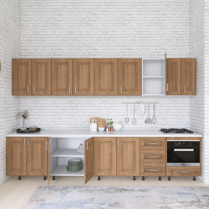 Bucatarie Torino 300 cm, Culoare Nuc, MDF 18mm, Blat Termorezistent 2,8 cm Grosime [1]