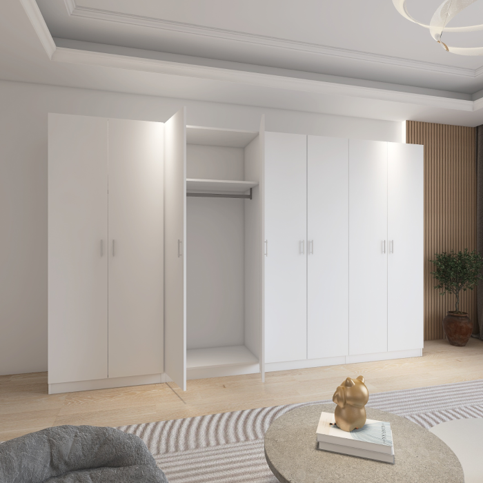 Dulap Dormitor 8 usi cu rafturi si bara haine,H200 x L320 x A50cm,  Culoare Alb, Pal 18mm, Cant ABS [3]