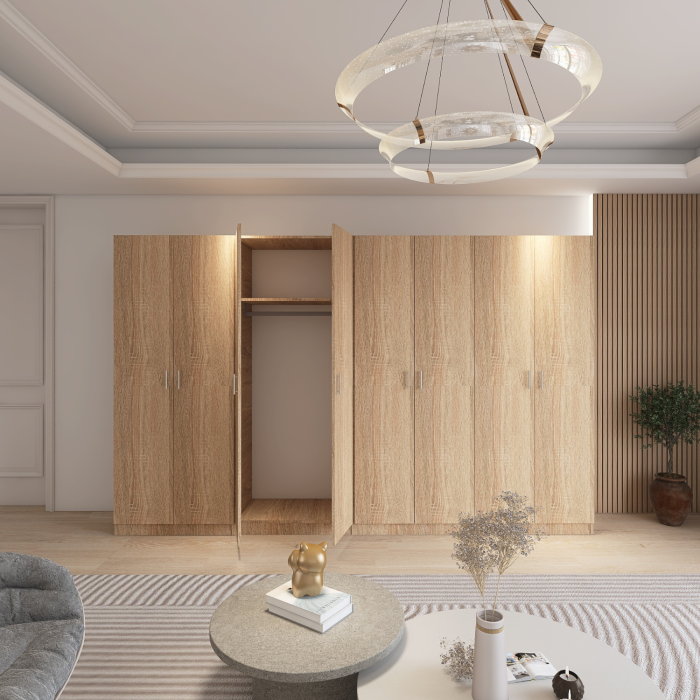 Dulap Dormitor 8 usi cu rafturi si bara haine, H200 x L320 x A50cm,  Culoare Sonoma, Pal 18mm, Cant ABS [2]