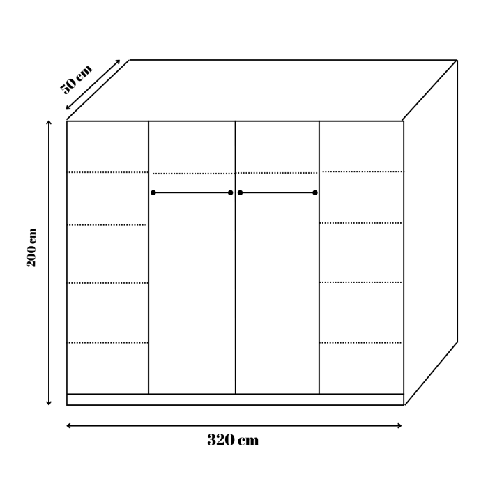 Dulap Dormitor 8 usi cu rafturi si bara haine, H200 x L320 x A50cm,  Culoare Wenge, Pal 18mm, Cant ABS [4]