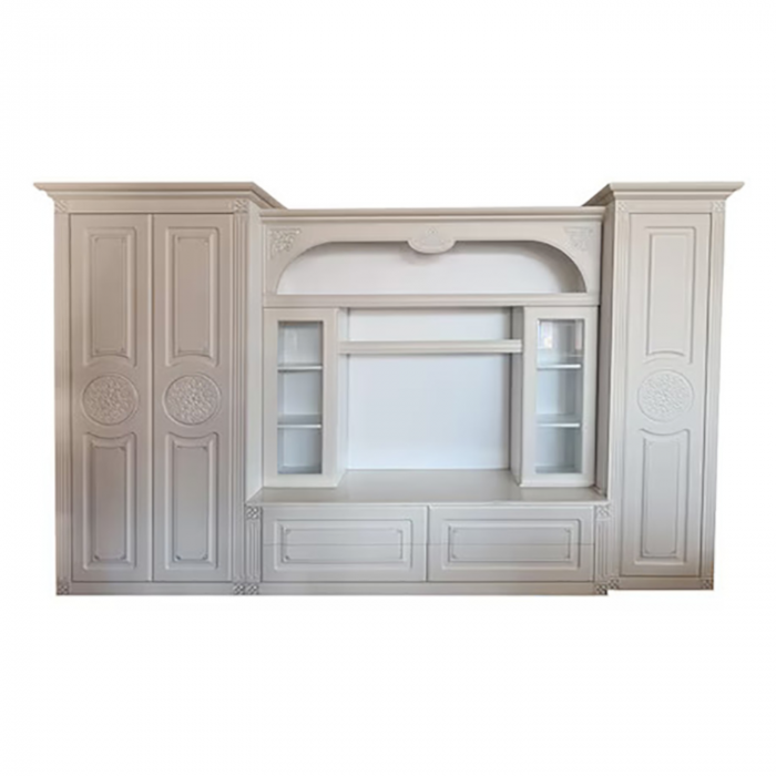 Set Mobila Living NISA, Front MDF, Culoare Alb Mat Patinat Argintiu 330x45x216cm [3]