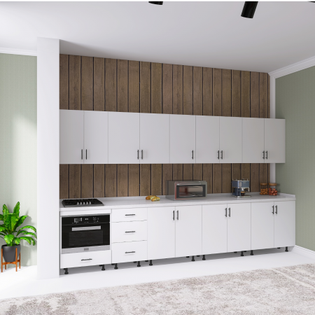 BUCATARII STANDARD - Bucatarie ADA 340 cm, Culoare Alba,  Pal 18mm, Blat Termorezistent 2,8 CM Grosime