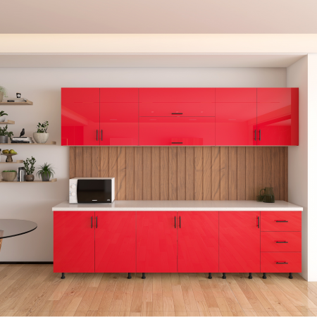 BUCATARII STANDARD - Bucatarie MIA 240 cm, Culoare Rosu Lucios, Front MDF infoliat 3D, cutii  Pal 18mm, Blat Termorezistent 2,8 cm