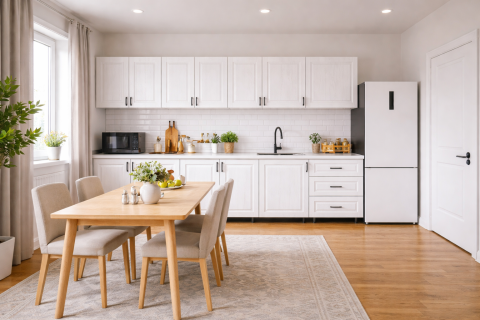 BUCATARII STANDARD - Bucătărie Torino 240 cm MDF ALB – Set complet cu blat termorezistent