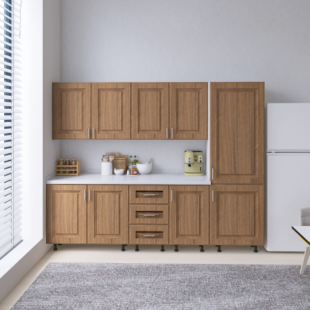 BUCATARII STANDARD - Bucatarie Torino 220 cm, Culoare Nuc, MDF 18mm, Blat Termorezistent 2,8 cm Grosime