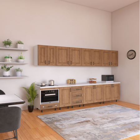 BUCATARII STANDARD - Bucatarie Torino 300 cm, Culoare Nuc,Front  MDF, Pal  18mm, Blat Termorezistent 2,8 cm