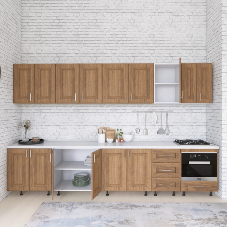 BUCATARII STANDARD - Bucatarie Torino 300 cm, Culoare Nuc, MDF 18mm, Blat Termorezistent 2,8 cm Grosime