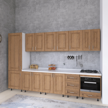 BUCATARII STANDARD - Bucatarie Torino 320 cm, Culoare Nuc, MDF 18mm, Blat Termorezistent 2,8 cm Grosime