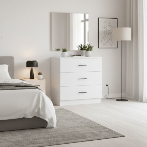 COMODE - Comoda 3 sertare L80 cm x A42.5 cm x H75 cm, Culoare Alb, Pal 18mm