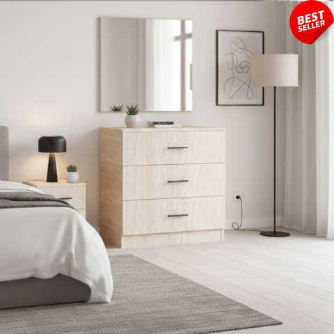 COMODE - Comoda 3 sertare L80 cm x A43 cm x H75 cm, Culoare Stejar Sonoma, Pal 18mm