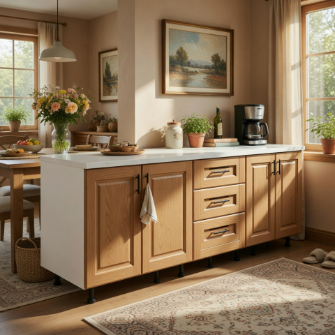 CORPURI INFERIOARE - Corp Bucatarie Inferior H90 x A50 x L200 cm, Culoare Nuc , Blat Termorezistent 200 cm