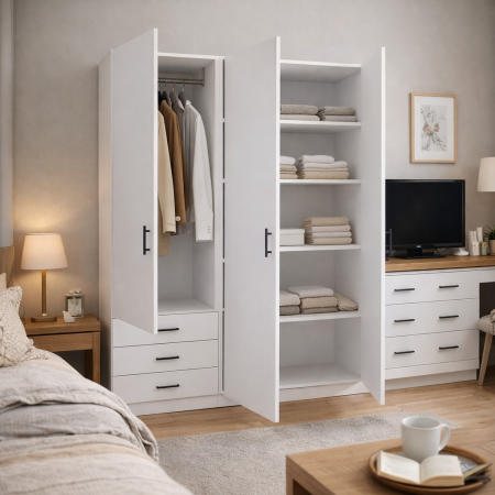 DULAPURI - Dulap cu 3 usi si 3 sertare H200 x A52 x L120 cm, Pal 18mm, Culoare Alb