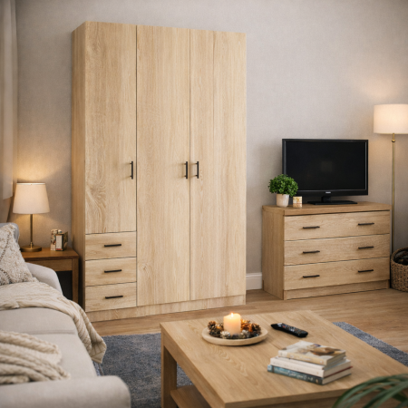 DULAPURI - Dulap cu 3 usi si 3 sertare H200 x A52 x L120 cm, Pal 18mm, Culoare Stejar Sonoma