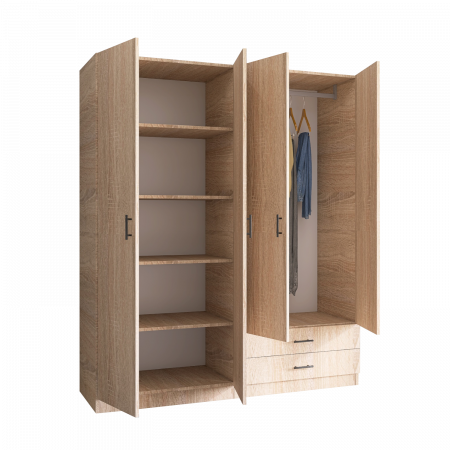 DULAPURI - Dulap cu 4 usi si 2 sertare H200 x A52 x L160 cm, Pal 18mm, Culoare Stejar Sonoma