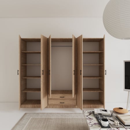 Dulap cu 6 usi L240 x H200 x A52 cm, Culoare Stejar Sonoma, Pal 18mm [1]