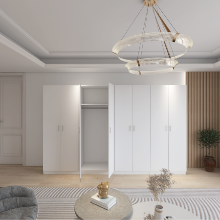 Dulap Dormitor 8 usi cu rafturi si bara haine,H200 x L320 x A50cm,  Culoare Alb, Pal 18mm, Cant ABS [1]