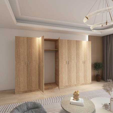 Dulap Dormitor 8 usi cu rafturi si bara haine, H200 x L320 x A50cm,  Culoare Sonoma, Pal 18mm, Cant ABS [3]
