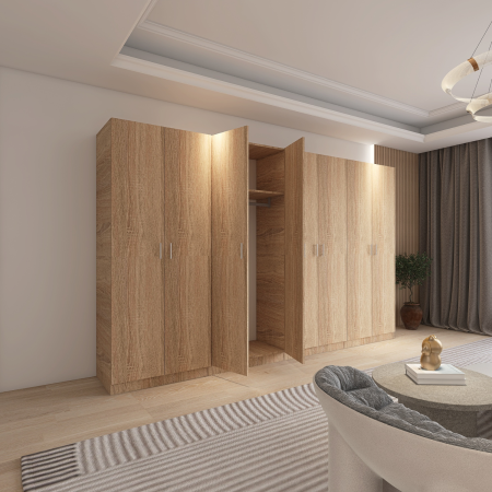 DULAP 6 USI - Dulap Dormitor 8 usi cu rafturi si bara haine, H200 x L320 x A50cm,  Culoare Sonoma, Pal 18mm, Cant ABS