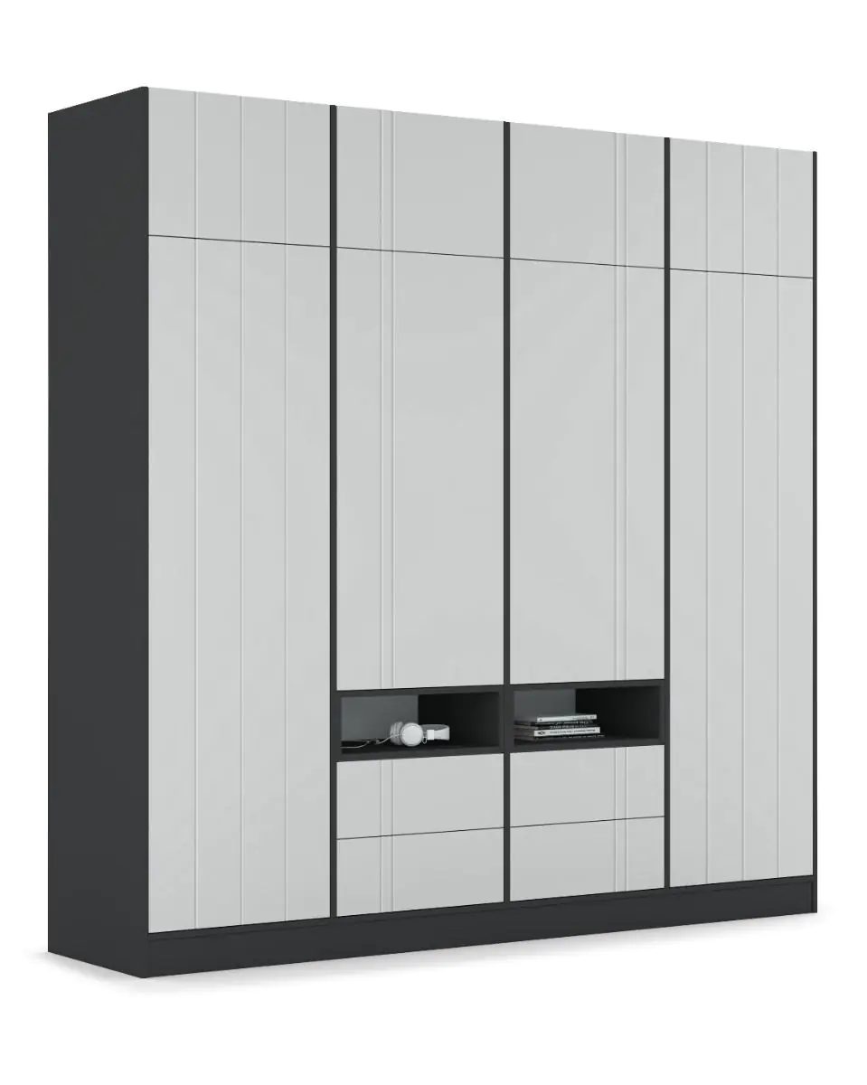 DULAP 4 USI - Dulap London 4 usi 240 x 52 x 240 cm, Culoare pal antracit carcasa , fronturi mdf vopsit mat culoare gri deschis gravat