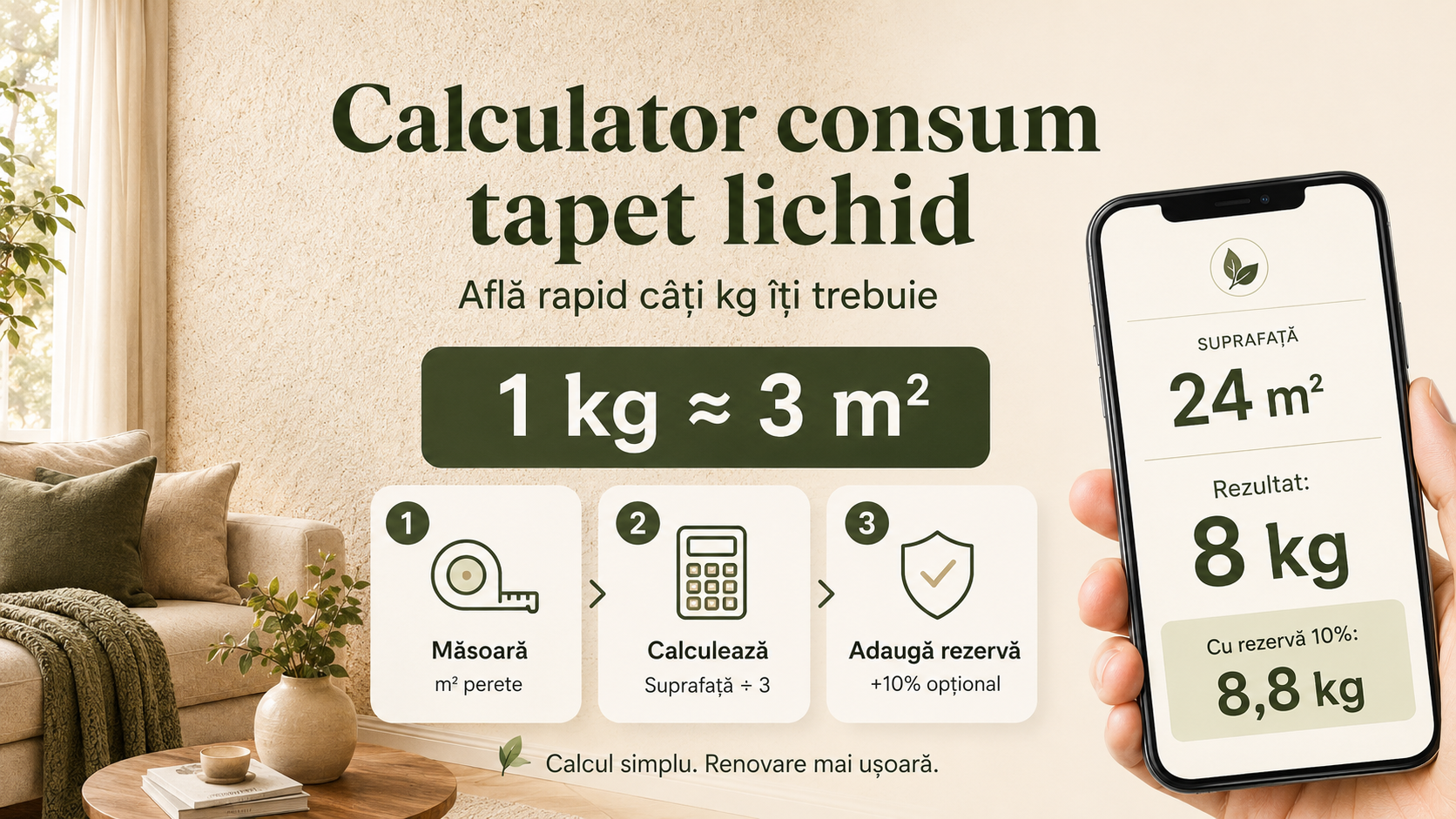 Calculator consum tapet lichid: câți kg îți trebuie pe m²