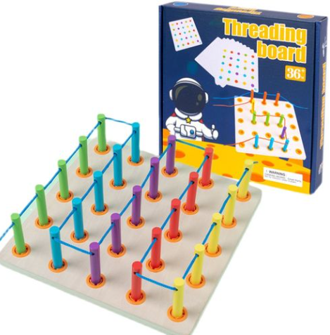 Joc Montessori Threading Board – Placă Lemn cu Stâlpi și Modele [1]