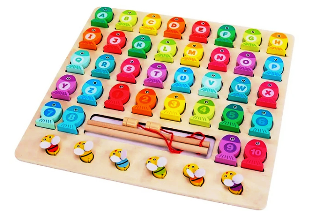 Joc Motricitate Pești Magnetici – Alfabet & Cifre – Placă Lemn 30×30 cm [1]