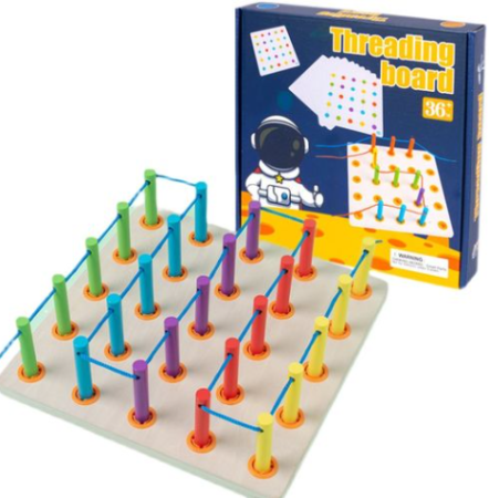 Jucării creative și educative - Joc Montessori Threading Board – Placă Lemn cu Stâlpi și Modele