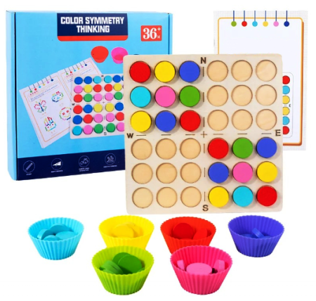 Jocuri educative și de logica - Joc Montessori Simetria Culorilor – Placă Lemn cu Jetoane Colorate