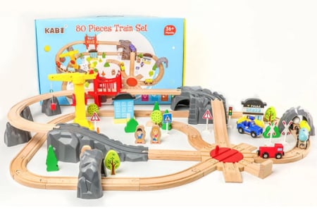 Trenulețe, mașinuțe, garaje din lemn - circuit-trenulet-lemn-80-piese-orasel-kabi