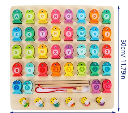 Joc Motricitate Pești Magnetici – Alfabet & Cifre – Placă Lemn 30×30 cm [1]