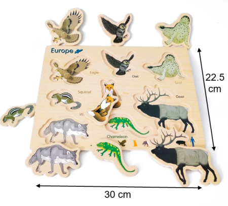 Table de activități Montessori - Puzzle lemn animale Europa educativ 30x22.5 cm