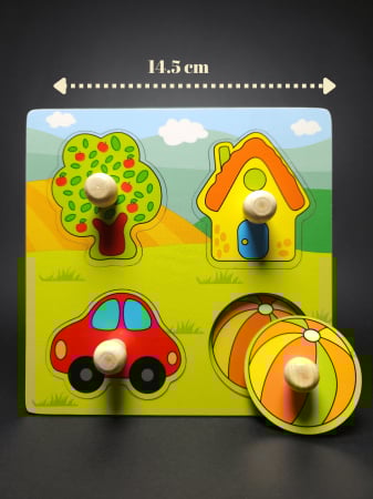 Table de activități Montessori - Puzzle din lemn pentru copii – Iepuraș, Pește, Fructe, Autovehicule, Casă | Montessori 14.5 cm